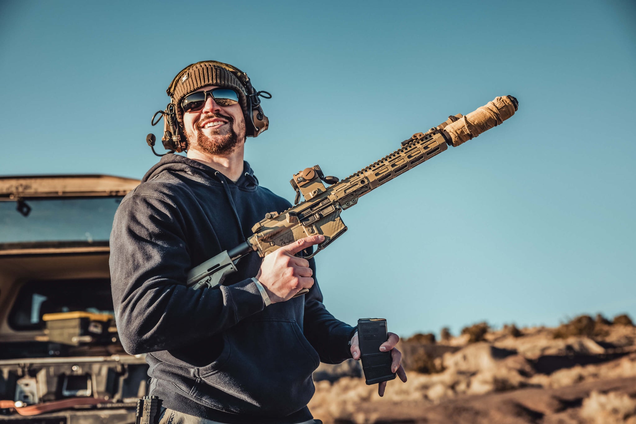 Man wearing the WX Jakl on the range - the latest in tactical sunglasses