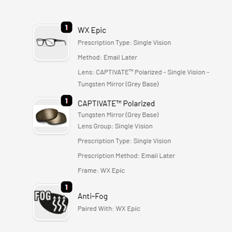 Product details of WX Epic glasses with CAPTIVATE Polarized lenses on a white background