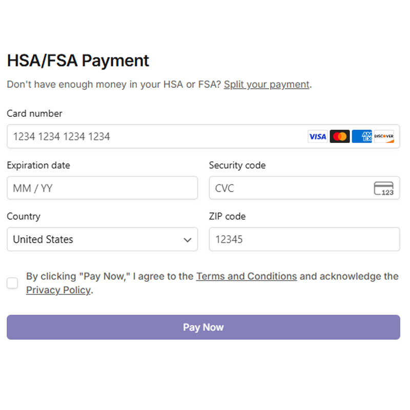 HSA/FSA payment form with card information fields on a white background