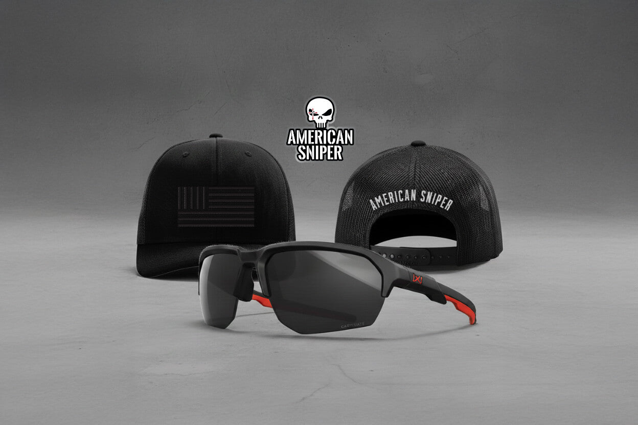 Black sunglasses with red accents and two black caps featuring 'American Sniper' logo on a gray background.